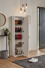 Scarpiera Ciclamino, Mobile multiuso da ingresso con anta a specchio , Armadio moderno portascarpe a 5 ripiani, 100% Made in Italy, 50x18h178 cm, Bianco