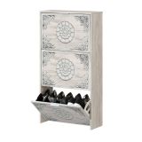 Scarpiera Escondido, Armadio portascarpe a 3 ante a ribalta-, Mobile doppia capienza per max 18 paia di scarpe, 60x22h113 cm, Bianco anticato