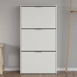 Scarpiera Escondido, Armadio portascarpe a 3 ante a ribalta-, Mobile doppia capienza per max 18 paia di scarpe, 70x17h180 cm, Bianco lucido