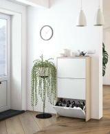 Scarpiera Escondido, Armadio portascarpe a 3 ante a ribalta-, Mobile doppia capienza per max 18 paia di scarpe, 70x17h180 cm, Rovere e Bianco lucido