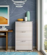 Scarpiera Iris, Mobile multiuso da ingresso con 3 ante a ribalta-, Armadietto portascarpe moderno, 100% Made in Italy, 67x18h112 cm, Larice