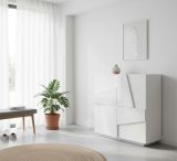Scarpiera Joel, Mobile multiuso a 2 ante, Portascarpe da ingresso, 100% Made in Italy, cm 81x38h86, Bianco lucido con dettaglio