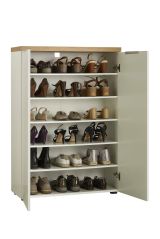 Scarpiera Kinsasha, Mobile portascarpe, Armadio da ingresso multiuso, Mobiletto per calzature, Made in Italy, 80x34h115 cm, Bianco lucido e Rovere