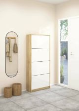 Scarpiera Natalie, Mobile portascarpe, Armadio da ingresso multiuso, Mobiletto per calzature, 24x70 h162 cm, Quercia e Bianco