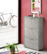 Scarpiera Peonia, Mobile multiuso da ingresso con 3 ante a ribalta-, Armadietto portascarpe a doppia profondità, 100% Made in Italy, 67x28h112 cm, Cemento