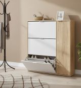 Scarpiera Provo, Armadio portascarpe a 4 ante, Mobile basso multiuso con 5 ripiani, Scarpiera moderna, 106x22h115 cm, Rovere e Bianco
