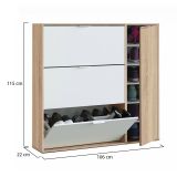 Scarpiera Provo, Armadio portascarpe a 4 ante, Mobile basso multiuso con 5 ripiani, Scarpiera moderna, 106x22h115 cm, Rovere e Bianco