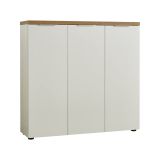Scarpiera Soweto, Mobile portascarpe, Armadio da ingresso multiuso, Mobiletto per calzature, Made in Italy, 122x34h115 cm, Bianco lucido e Rovere