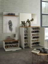 Scarpiera Soweto, Mobile portascarpe, Armadio da ingresso multiuso, Mobiletto per calzature, Made in Italy, 122x34h115 cm, Bianco lucido e Rovere