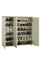 Scarpiera Soweto, Mobile portascarpe, Armadio da ingresso multiuso, Mobiletto per calzature, Made in Italy, 122x34h115 cm, Bianco lucido e Rovere