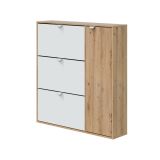 Scarpiera Tok, Scarpiera da ingresso a 4 ante, Armadio portascarpe salvaspazio, 105x24h112 cm, Bianco e Rovere