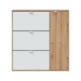 Scarpiera Tok, Scarpiera da ingresso a 4 ante, Armadio portascarpe salvaspazio, 105x24h112 cm, Bianco e Rovere