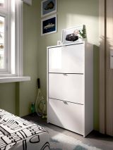 Scarpiera Vignole, Portascarpe salvaspazio da ingresso, Mobiletto porta scarpe a 3 ante a ribalta-, 61x25h113 cm, Bianco lucido