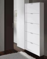 Scarpiera Washington, Armadio portascarpe a 5 ante a ribalta-, Scarpiera alta da ingresso, Scarpiera moderna, 70x17h180 cm, Bianco lucido