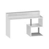 Scrivania Alain, Scrittoio lineare con ripiani portaoggetti e luci LED, Scrivania ufficio multiuso con sopralzo, 140x60h93 cm, Bianco