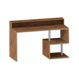 Scrivania Alain, Scrittoio lineare con ripiani portaoggetti e luci LED, Scrivania ufficio multiuso con sopralzo, 140x60h93 cm, Rovere