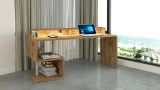 Scrivania Alban, Scrittoio lineare con ripiani portaoggetti e luci LED, Scrivania ufficio multiuso con sopralzo, 180x92,5h60 cm, Rovere