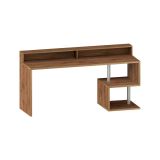 Scrivania Alban, Scrittoio lineare con ripiani portaoggetti e luci LED, Scrivania ufficio multiuso con sopralzo, 180x92,5h60 cm, Rovere
