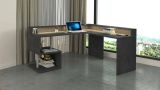 Scrivania Albert, Scrittoio angolare con ripiani portaoggetti e luci LED, Scrivania ufficio multiuso con sopralzo, 180x60h93 cm, Ardesia