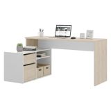 Scrivania angolare bianca lucida e legno 139x92cm con 1 cassetto - Andor