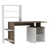 Scrivania Bianco Marrone Noce 6 Ripiani 2 Ante 146x60x74h cm, 6 Vani - Loria