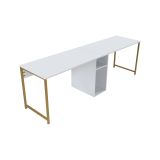 Scrivania Caprioli, Scrittoio multiuso, Tavolo per ufficio porta PC, Piano di lavoro, 240x60 h74 cm, Bianco e Oro