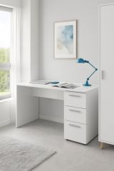 Scrivania Dallas, Scrittoio da ufficio moderno, Tavolo da studio con cassettiera a 2 cassetti e 1 anta, 138x60h74 cm, Bianco