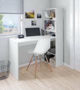 Scrivania Denton, Scrittoio multifunzione reversibile con libreria a 5 ripiani, Tavolo da studio o ufficio porta PC portalibri, 120x53h144 cm, Bianco