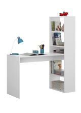 Scrivania Denton, Scrittoio multifunzione reversibile con libreria a 5 ripiani, Tavolo da studio o ufficio porta PC portalibri, 120x53h144 cm, Bianco