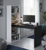 Scrivania Denton, Scrittoio multifunzione reversibile con libreria a 5 ripiani, Tavolo da studio o ufficio porta PC portalibri, 120x53h144 cm, Bianco e Antracite