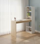 Scrivania Denton, Scrittoio multifunzione reversibile con libreria a 5 ripiani, Tavolo da studio o ufficio porta PC portalibri, 120x53h144 cm, Bianco e Rovere