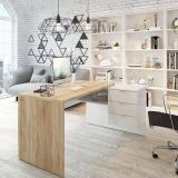 Scrivania Greensboro, Scrittoio multifunzione reversibile da ufficio con cassettiera, Tavolo da studio o ufficio porta PC ad angolo, 145x108h73 cm, Rovere e Bianco