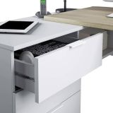 Scrivania Greensboro, Scrittoio multifunzione reversibile da ufficio con cassettiera, Tavolo da studio o ufficio porta PC ad angolo, 145x108h73 cm, Rovere e Bianco
