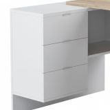 Scrivania Greensboro, Scrittoio multifunzione reversibile da ufficio con cassettiera, Tavolo da studio o ufficio porta PC ad angolo, 145x108h73 cm, Rovere e Bianco