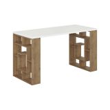Scrivania Kallisto, Scrittoio multiuso, Tavolo per ufficio porta PC, Piano di lavoro, 140x60 h75 cm, Bianco e Marrone