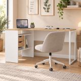 Scrivania lineare bianca e rovere 145x81cm con 2 cassetti - Moire