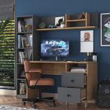 Scrivania Marrone Rovere Nodi Nero Antracite 9 Ripiani 2 Cassetti 120x50x162h cm, 7 Vani - Venetico