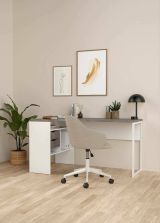 Scrivania Patience, Scrittoio multiuso, Tavolo per ufficio porta PC, Piano di lavoro, 81x145 h77 cm, Bianco e Grigio