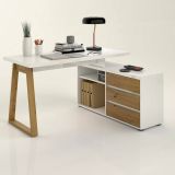 Scrivania Rabat, Scrittoio multiuso, Tavolo per ufficio porta PC, Piano di lavoro, Made in Italy, 135x120h75- cm, Bianco lucido e Rovere