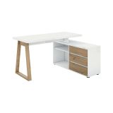 Scrivania Rabat, Scrittoio multiuso, Tavolo per ufficio porta PC, Piano di lavoro, Made in Italy, 135x120h75- cm, Bianco lucido e Rovere