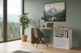 Scrivania Raimondo, Scrittoio lineare porta PC, Tavolo multiuso per ufficio, Scrivania salvaspazio, 100% Made in Italy, cm 110x50h75, Bianco lucido e Acero