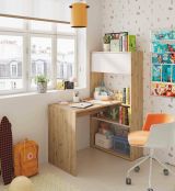 Scrivania Riverside, Scrittoio multifunzione reversibile ad angolo con libreria, Tavolo da studio o ufficio multiposizione, 108x70h140 cm, Bianco e Rovere nodi