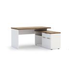 Scrivania Tembisa, Scrittoio multiuso, Tavolo per ufficio porta PC, Piano di lavoro, Made in Italy, 140x120h75 cm, Bianco lucido e Rovere
