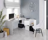 Scrivania Vallejo, Scrittoio multifunzione reversibile multiposizione, Tavolo da studio o ufficio porta PC con scaffale, 136x139h74 cm, Bianco e Cemento