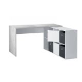 Scrivania Vallejo, Scrittoio multifunzione reversibile multiposizione, Tavolo da studio o ufficio porta PC con scaffale, 136x139h74 cm, Bianco e Cemento