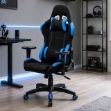 Sedia con ruote imbottita con braccioli in tessuto nera e blu - Mindy