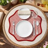 Set 6 Tovagliette-Sottopiatti in Ecopelle Tim, Rosso e Rosa 40x40 cm, Micro pied de poule, Lavabili e Antiscivolo, Indoor-Outdoor, Made in Italy