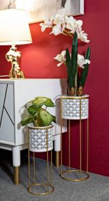 Set di 2 vasi Bessude, Complemento d'arredo, Articolo decorativo, Accessorio d'arredo, 17x17 h46 cm, Bianco e Oro