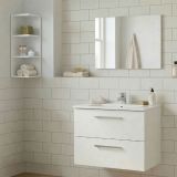 Set Mobili Bagno Bianco Lucido Specchio Incluso 2 Cassetti, 2 Ripiani - Plassas