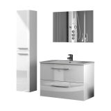 Set Mobili Bagno Bianco Lucido Specchio Incluso 2 Cassetti, 2 Ripiani - Ricadi